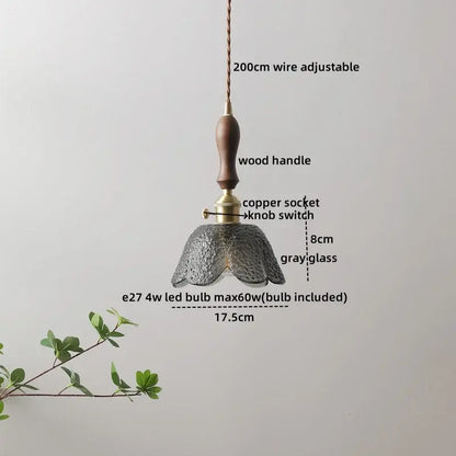 DecorBites amber glass pendant lamp with a delicate gray textured glass shade and wooden handle for modern decor