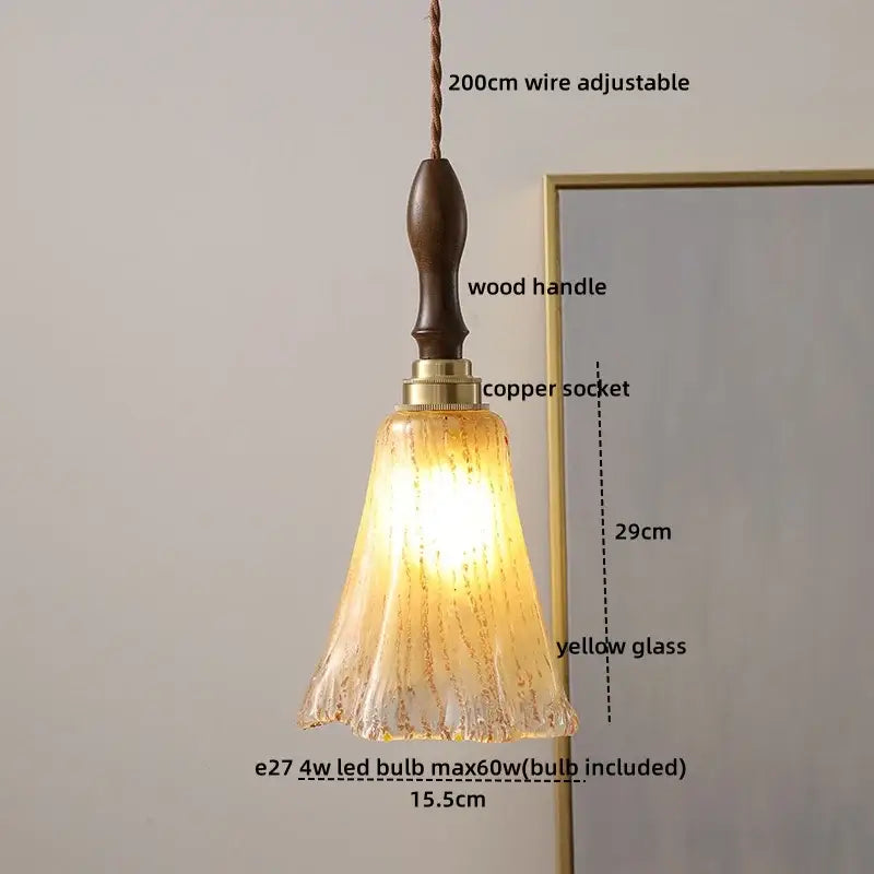 DecorBites amber glass pendant lamp with warm amber hue textured fluted glass and dark wood handle for modern decor