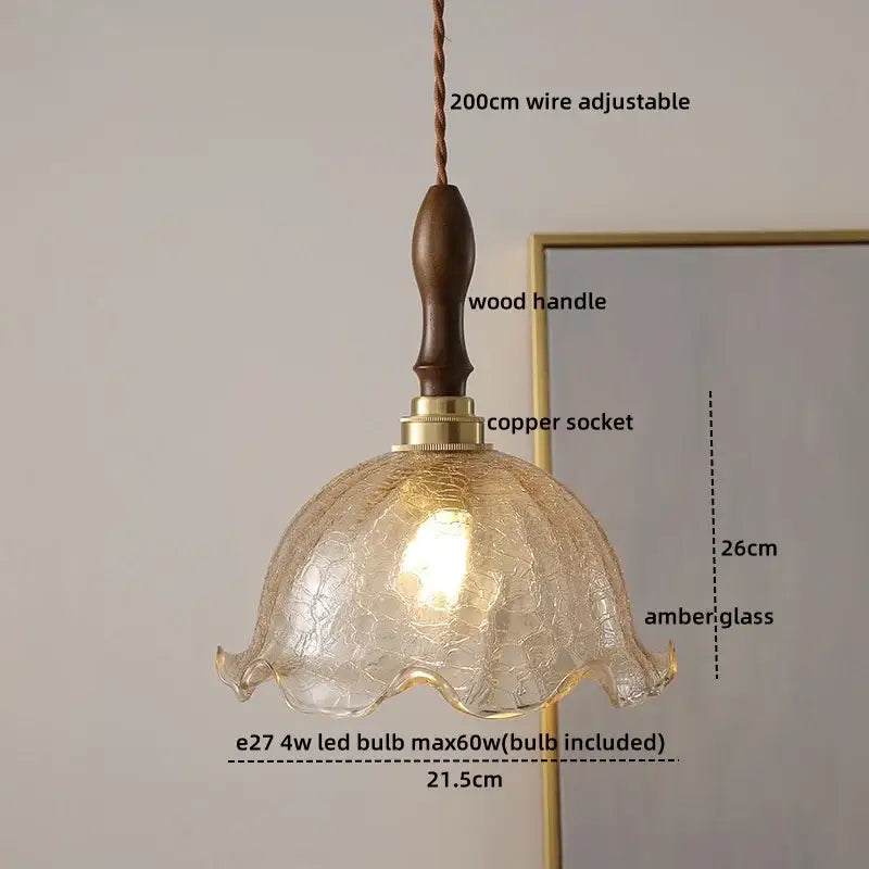 Decorbites amber glass pendant lamp with warm amber textured finish and wooden handle for modern living spaces