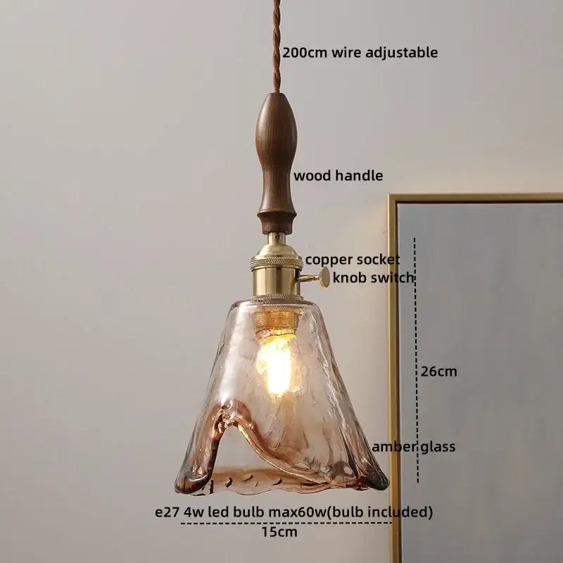 Decorbites amber glass pendant lamp with warm amber glass, wooden handle, and copper socket for modern hanging light