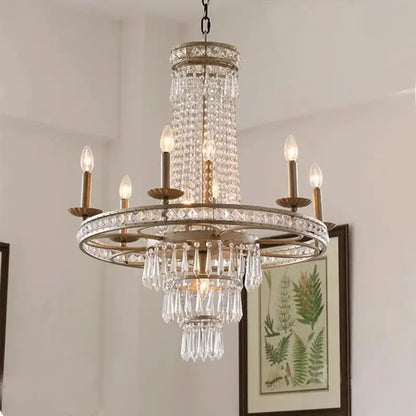 Antique brass crystal chandelier with cascading droplets and candle bulbs for dining room by Decorbites American Country