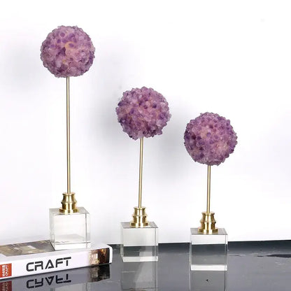 DecorBites™ amethyst flower metal sculpture with three purple amethyst flower orbs on gold stems and acrylic bases