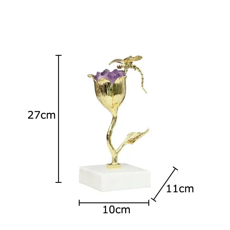 Decorbites™ amethyst flower ornaments gold-plated dragonfly decor sculpture with purple crystal center and white marble base