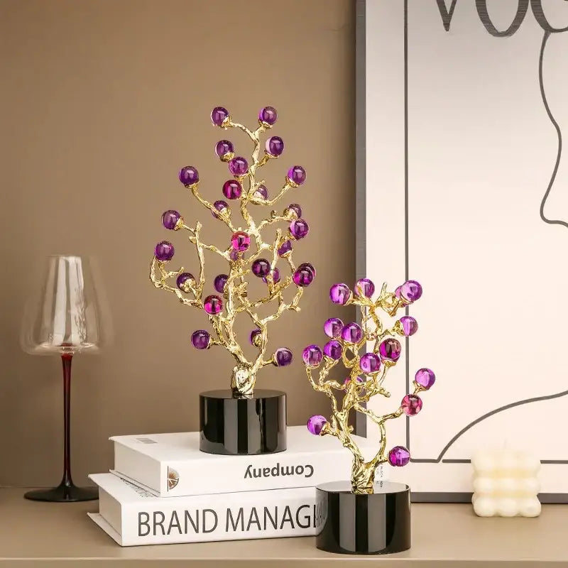 Golden amethyst tree metal grapevine statue with purple crystal spheres on black bases for elegant home decor