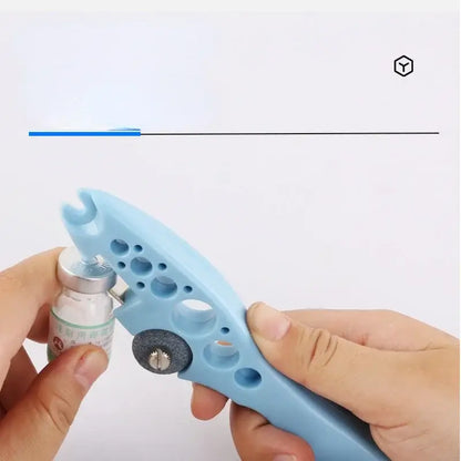 Light blue plastic ampoule opener with circular grinding stone attachment easy nurse assistant tool for medical vials