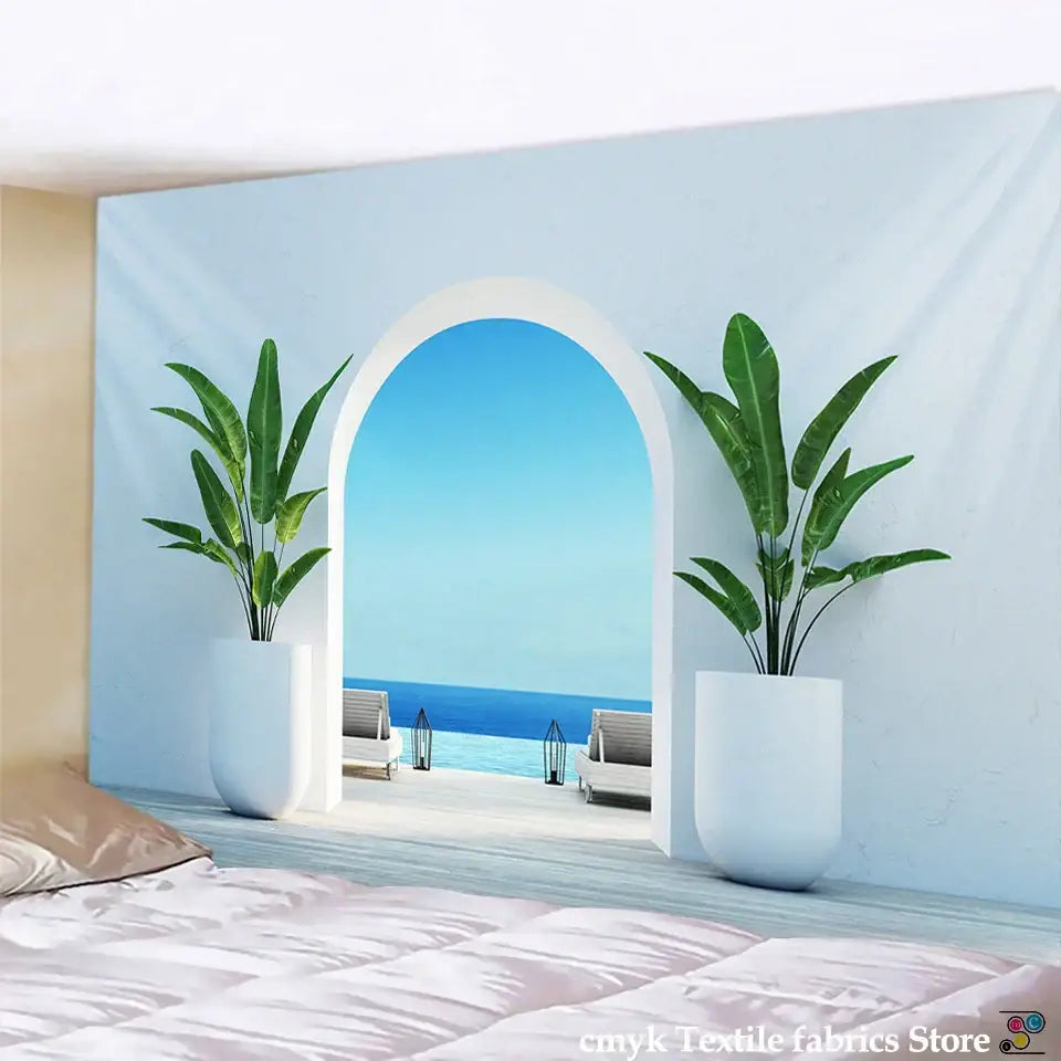 DecorBites™ ancient architecture tapestry wall hanging featuring a light blue arched doorway design with green plants
