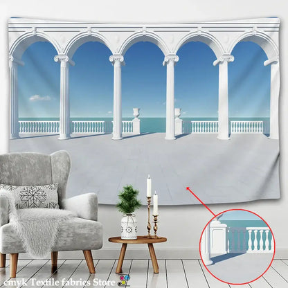 Decorbites™ ancient architecture tapestry wall hanging featuring white arched colonnade seaside pavilion scene