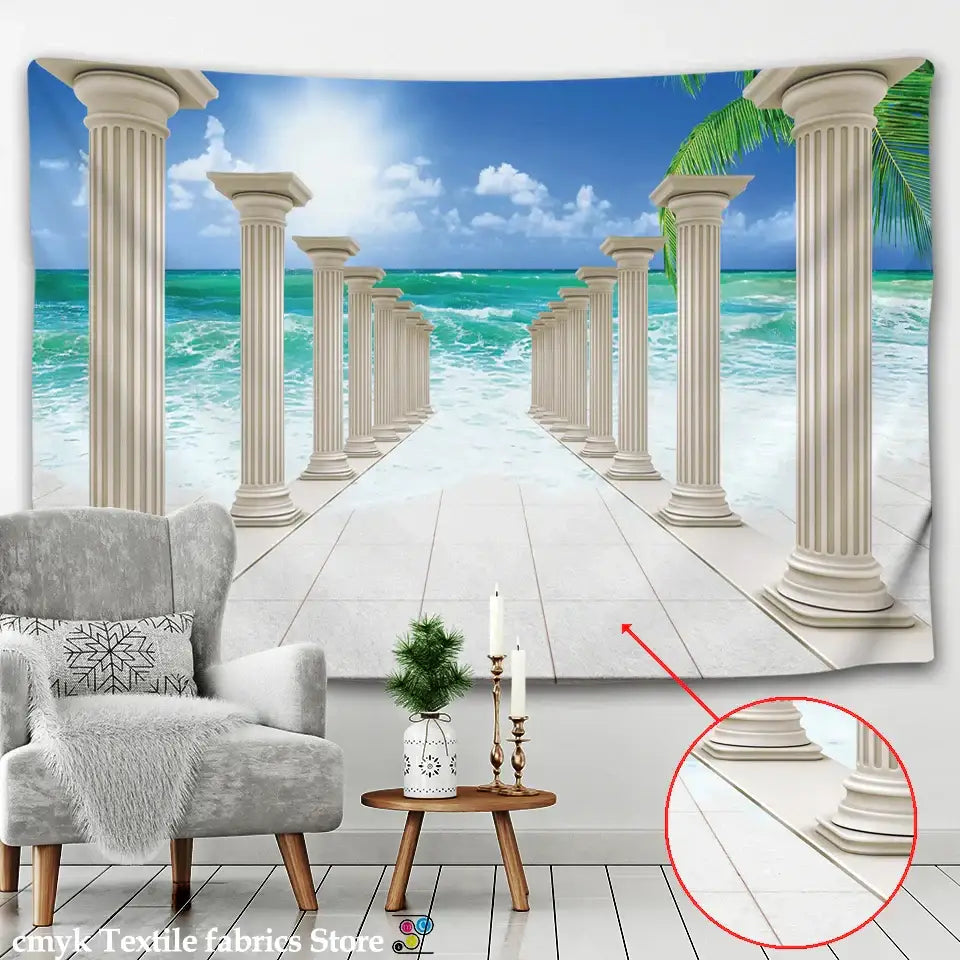 Beige decorbites™ ancient architecture tapestry wall hanging depicting tropical beach scene with columns and turquoise waves