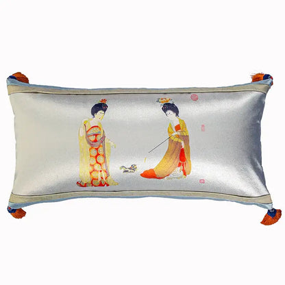 Silver satin rectangular pillow cover featuring embroidered ancient chinese beauty girls in ornate robes with orange tassels