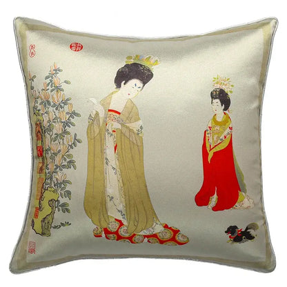 A silver satin square pillow cover with embroidered ancient chinese beauty girls in vibrant robes and floral design