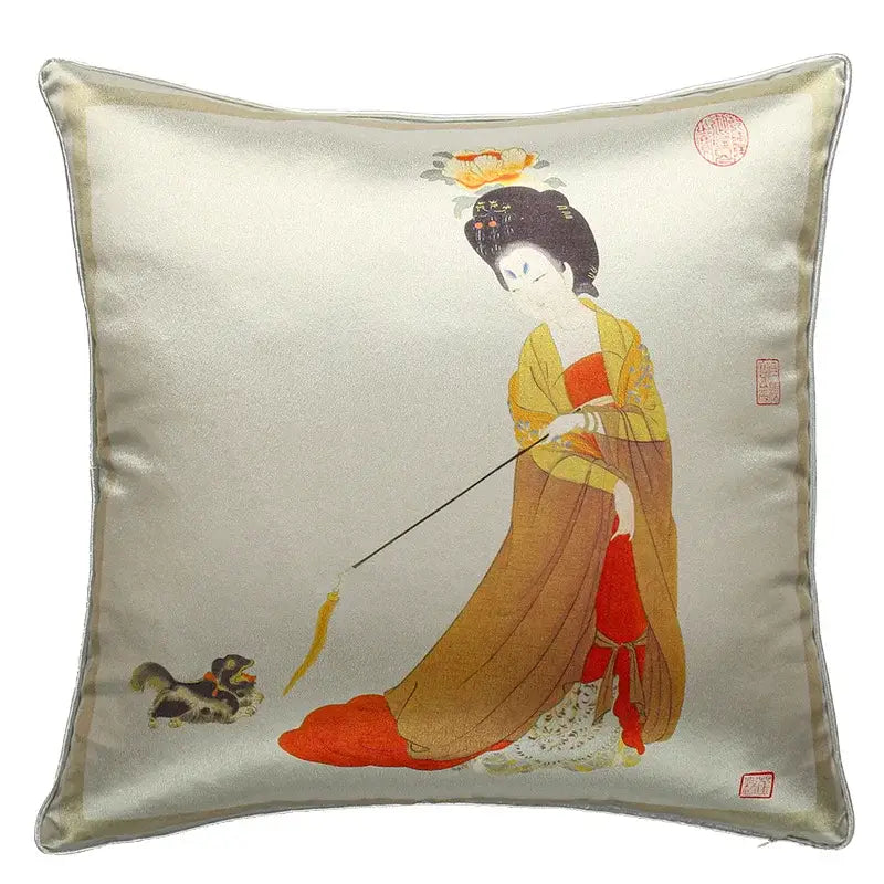 Silver satin velvet throw pillow cover featuring embroidered ancient chinese beauty girl in yellow and red robes with dog
