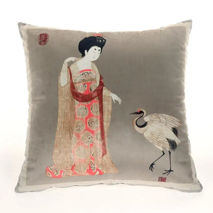Gray velvet throw pillow cover featuring an embroidered ancient chinese beauty girl with crane design