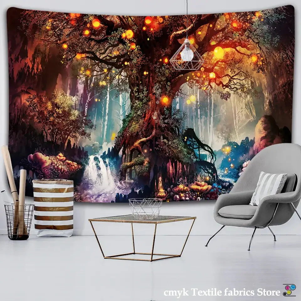 Decorbites ancient trees tapestry featuring a vibrant glowing forest and waterfall for boho wall decor