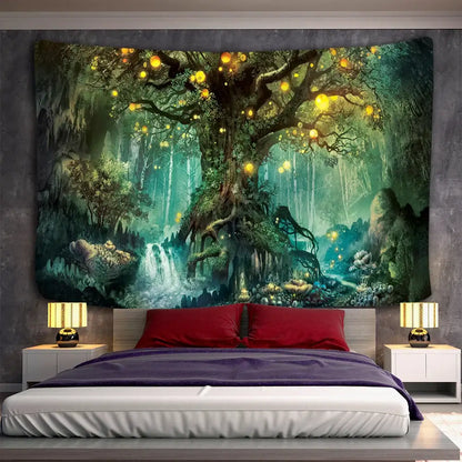 Decorbites™ ancient trees tapestry featuring a mystical forest with glowing orbs and waterfalls for boho decor
