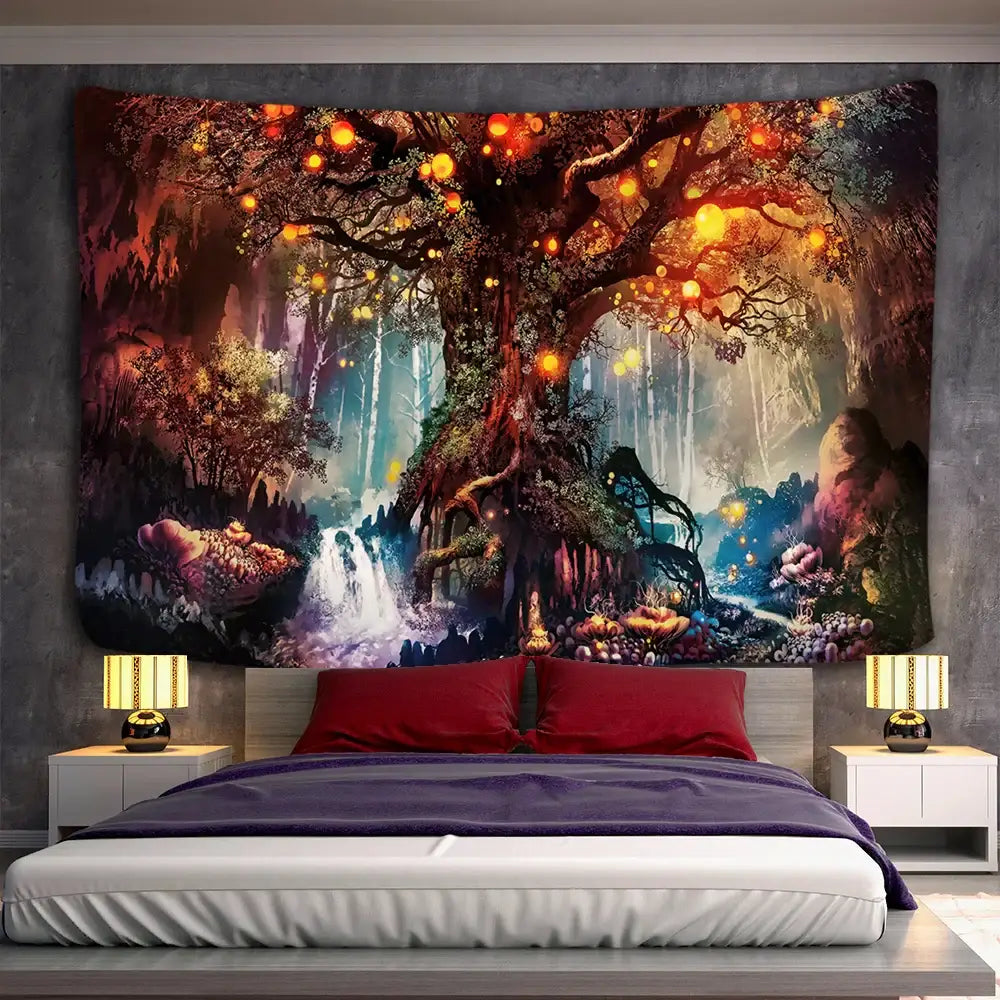 Decorbites™ ancient trees tapestry featuring a vibrant psychedelic 3d print of a glowing tree with lanterns and waterfall