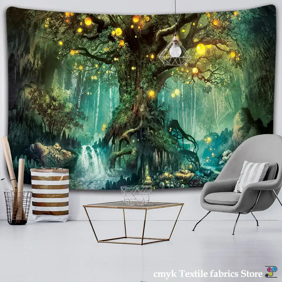A vibrant boho decor ancient trees tapestry featuring a glowing forest with an ancient tree and luminous orbs