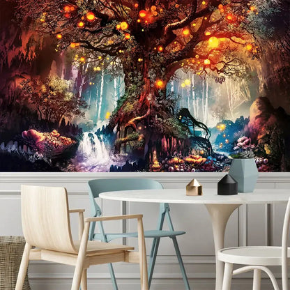 A white round table with thin legs displayed alongside a decorbites ancient trees tapestry with psychedelic 3d print