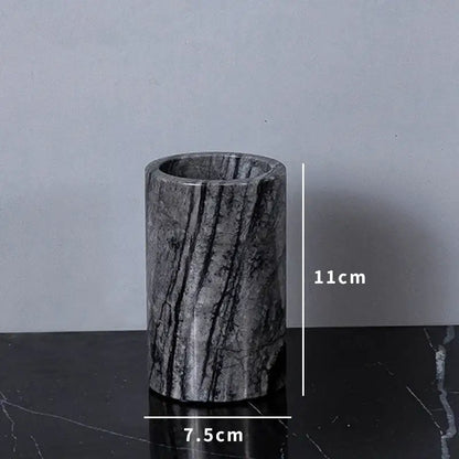 DecorBites™ ancient wood grain dark gray marble pen holder with black veining, 11cm tall cylindrical design