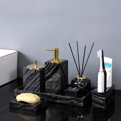Decorbites ancient wood grain black marble bathroom set with gold-tone accents and luxury accessories