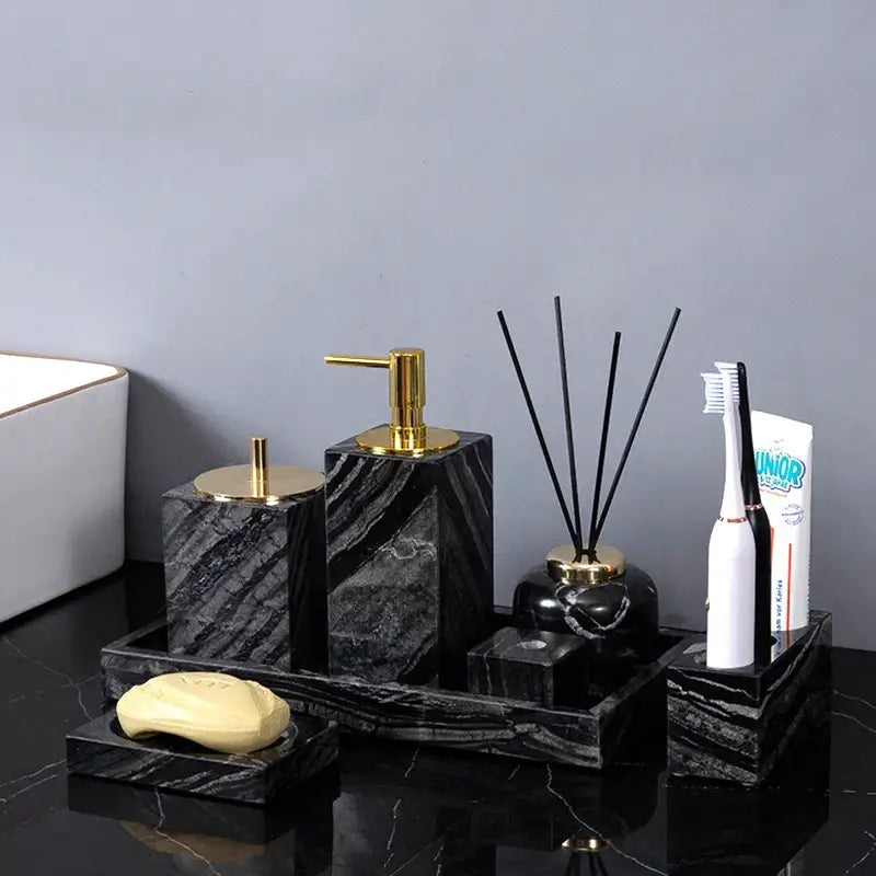Decorbites ancient wood grain black marble bathroom set with gold-tone accents and luxury accessories