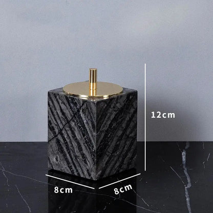 Black marble cube with gold-toned lid and stem from decorbites™ ancient wood grain marble bathroom set luxury accessory