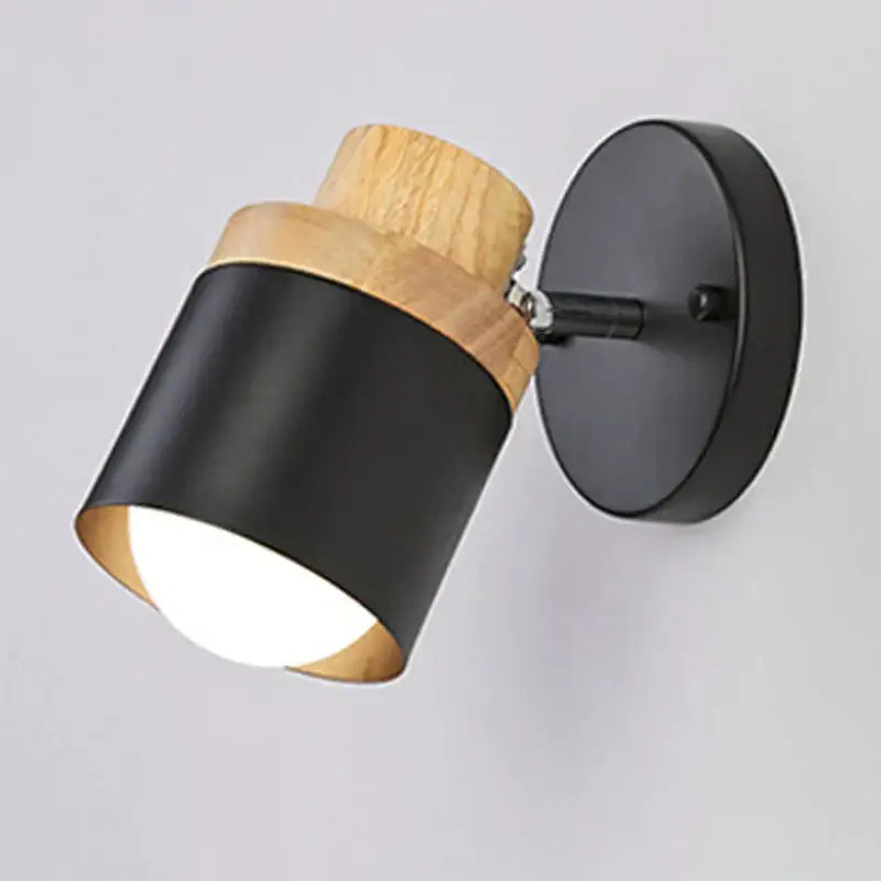 Decorbites angel adjustable led black and natural wood cylindrical wall sconce with matte finish for bedroom and living room