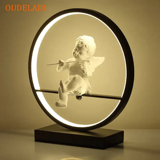 Decorbites™ white angel doll bird table lamp with delicate wings and flute inside circular led light frame