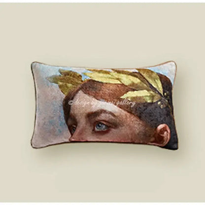 Rectangular pillow cover with a detailed portrait featuring blue eyes and golden leaves in dark hair for angel eyes lumbar use