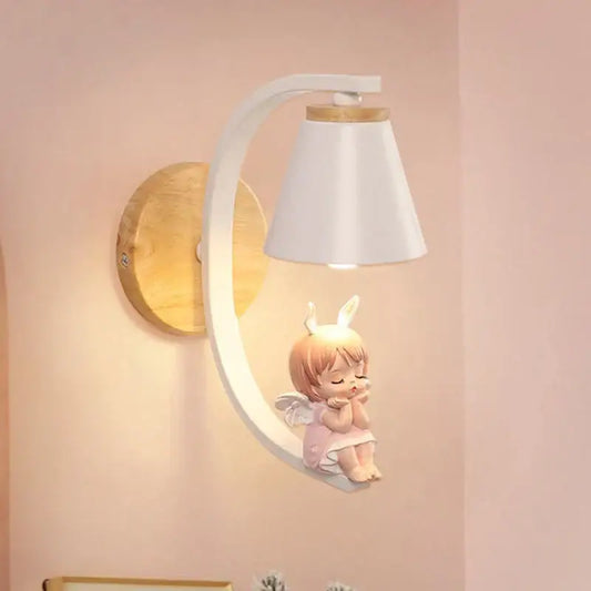 DecorBites white and wood-accented wall sconces with pink angel girl figurine for girl bedroom wall lighting