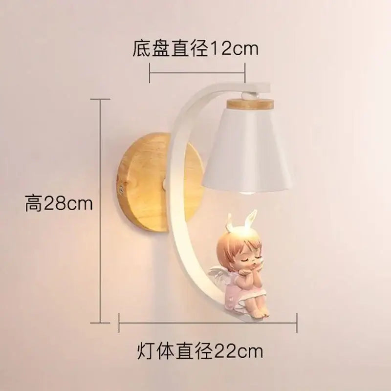 DecorBites™ angel girl bedroom wall sconce with white conical lampshade wooden base and pink bunny figurine detail