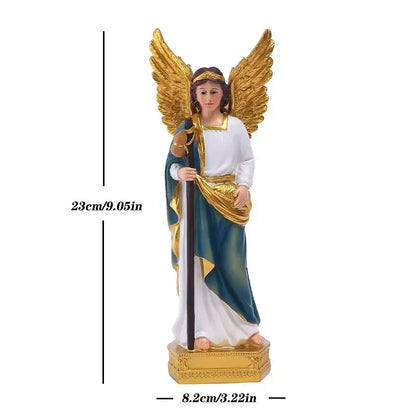 Golden-winged angel god statue figurine with white and teal robes on gold base for home decor and religious holidays