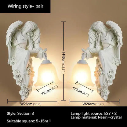 DecorBites™ white resin angel indoor wall light with crystal accents and bell-shaped lampshades LED sconce
