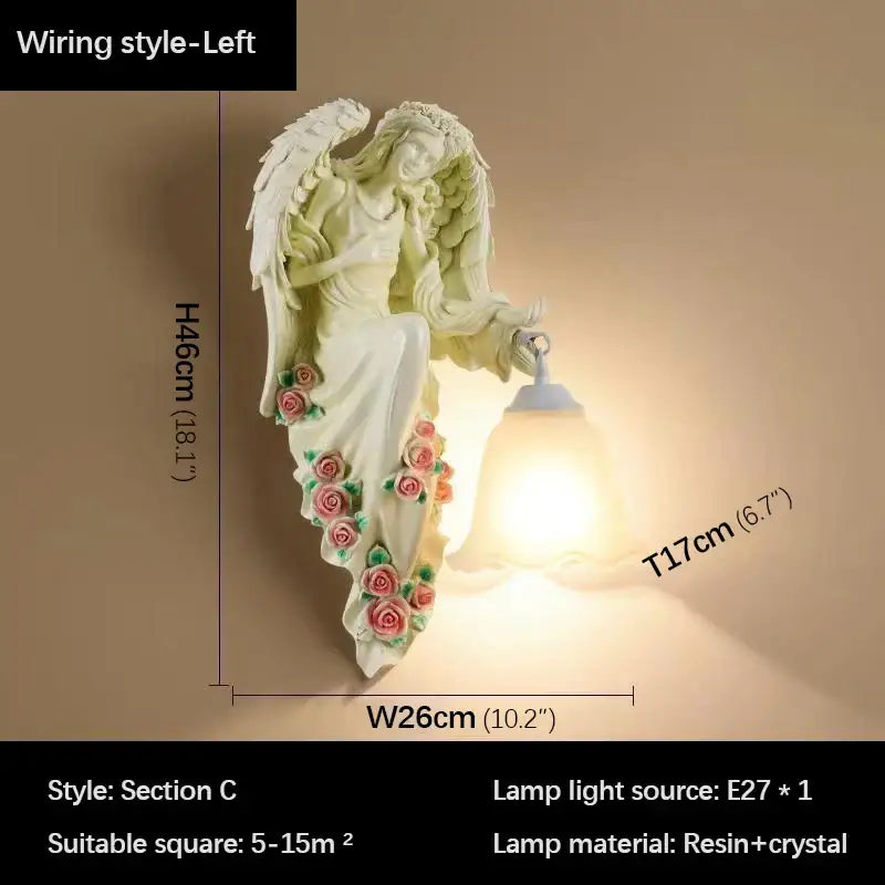 DecorBites angel indoor wall light led in white resin with pink green floral accents and bell-shaped crystal lampshade