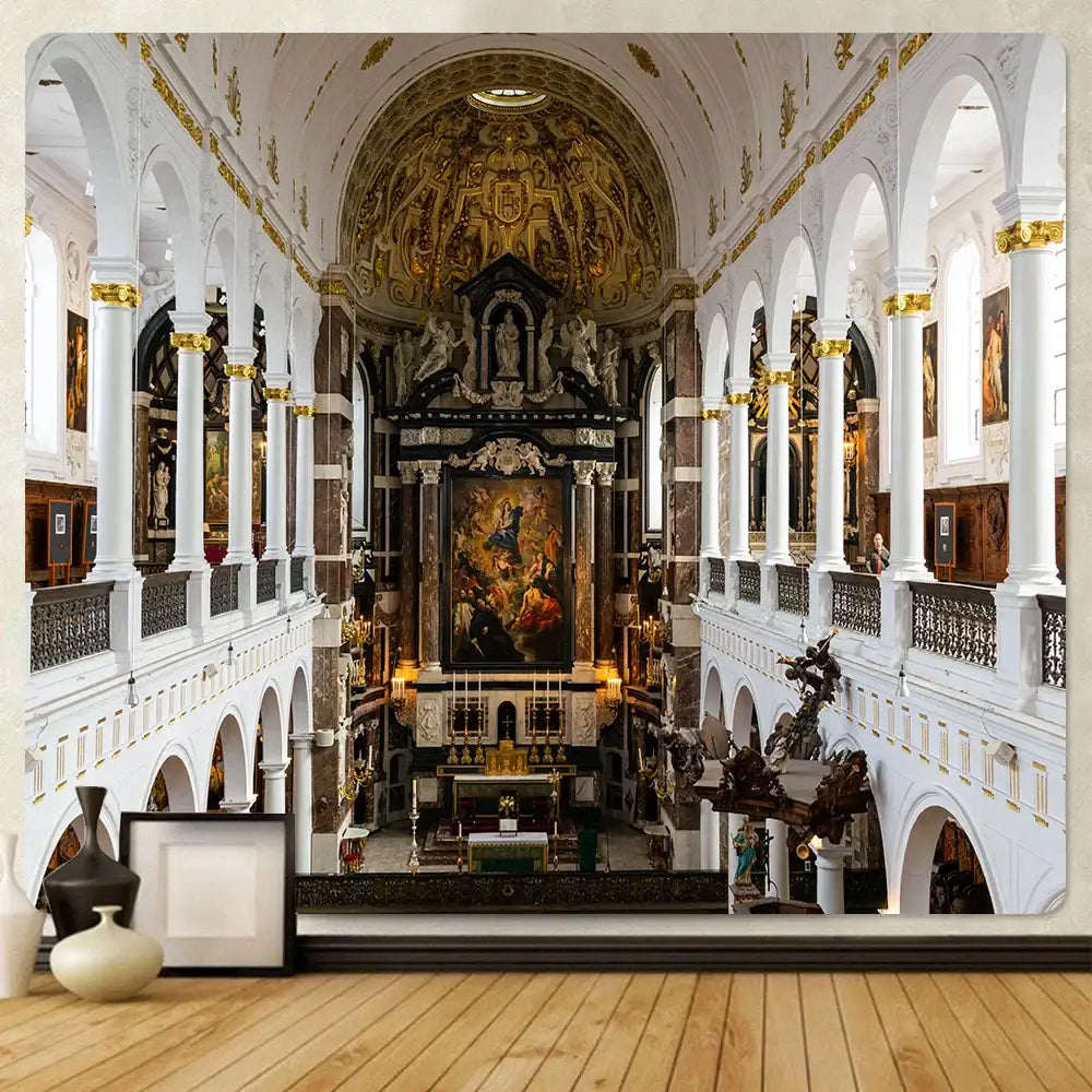 Decorbites angel tapestry featuring white and gold ornate cathedral mural for boho wall decor in home settings