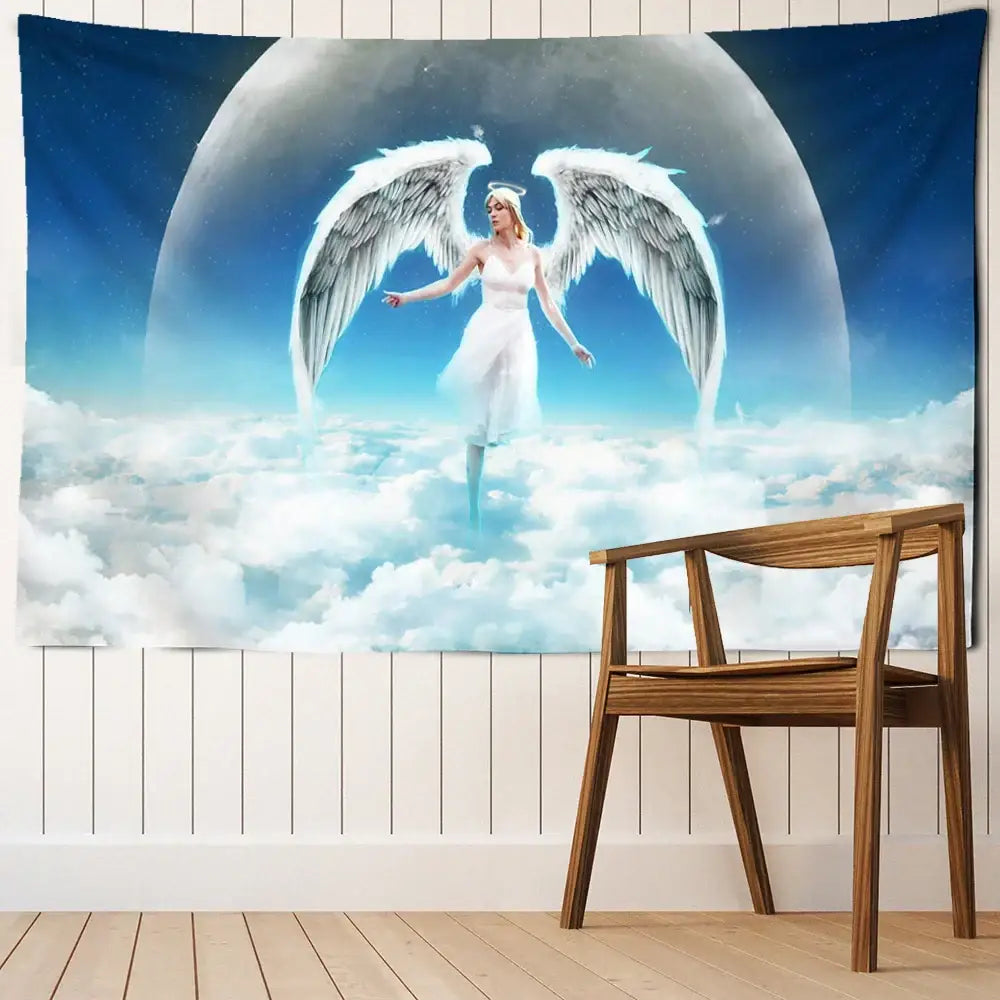 White angel tapestry wall hanging with detailed feathered wings and halo against blue sky white clouds background