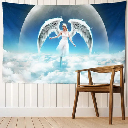 White angel tapestry wall hanging with detailed feathered wings and halo against blue sky white clouds background
