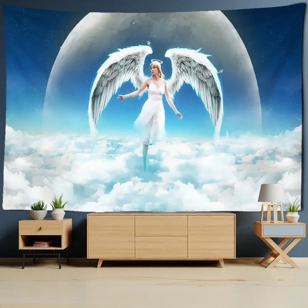 Decorbites angel tapestry wall hanging depicting a white angel with detailed wings on a dark background