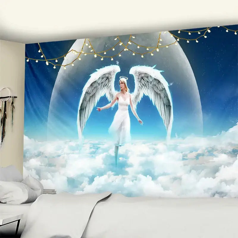 DecorBites angel tapestry wall hanging featuring a white angel with detailed wings on blue sky and clouds background
