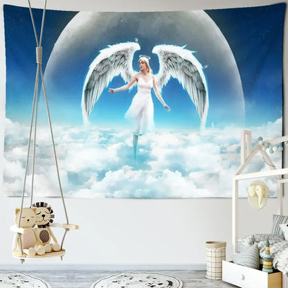 Decorbites™ angel tapestry wall hanging featuring a serene angel with white wings over clouds and a blue moon backdrop