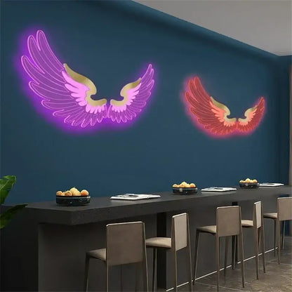 Decorbites™ angel wings rgb led wall lamp featuring glowing purple and red-orange neon wings with gold accents for living spaces