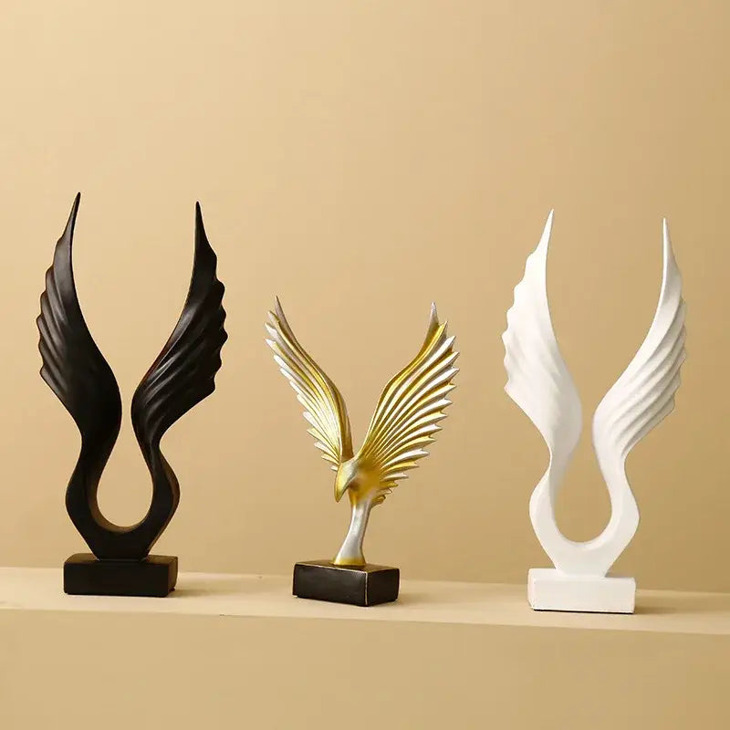 Decorbites™ angel wings sculpture set of three black gold and white resin wings sculptures with sleek modern design
