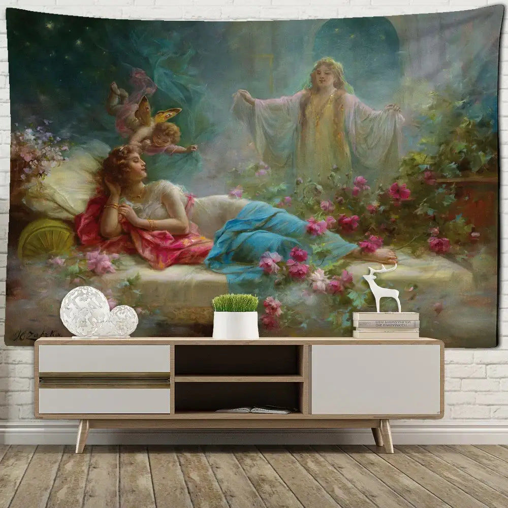 A soft painterly oil painting tapestry with classical figures and vibrant pink roses for decorbites beauty misty oil collection