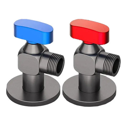 A pair of matte black brass decorbites angle valves with blue and red ergonomic handles for wall mounted water control