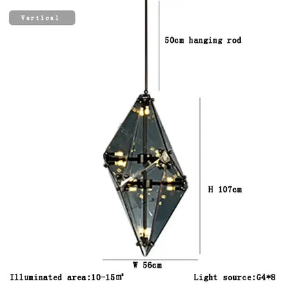 Decorbites™ angular diamond glass chandelier ceiling light with dark metallic frame and clear glass panels featuring eight g4 bulbs