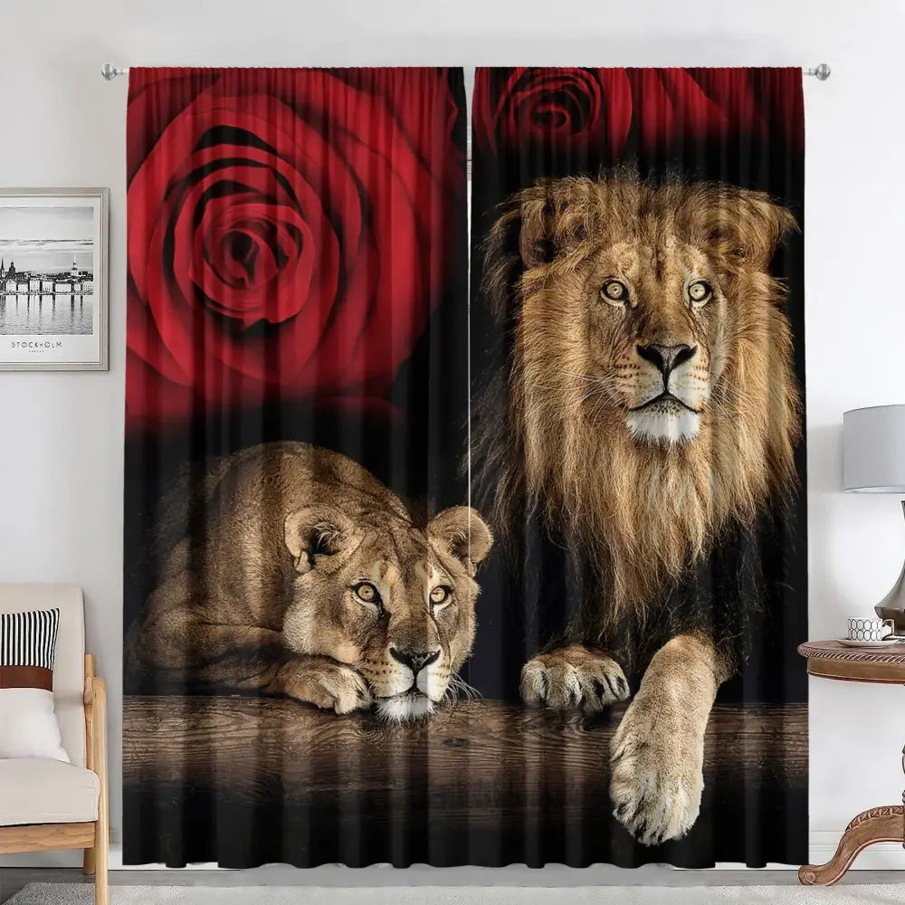 Decorbites™ animal avatars printed 2pc curtains featuring realistic lions and deep red roses on black background for living room