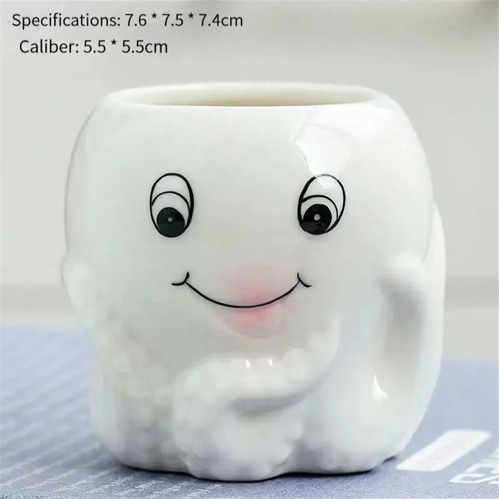 White ceramic animal cartoon flowerpot shaped like a smiling elephant with black eyes and pink cheeks for nursery planting