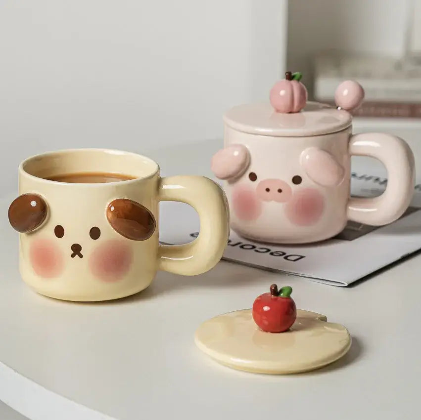 Cream-colored ceramic animal mug with brown ear accents and pink blush cheeks from DecorBites ceramic mug set