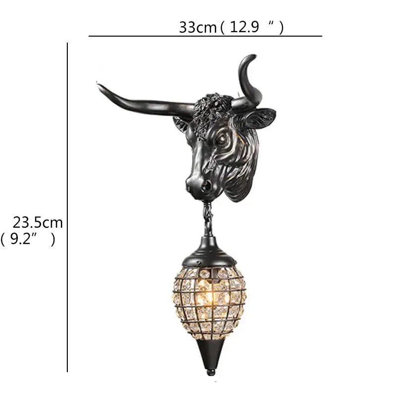 Black wrought iron longhorn head wall sconce with crystal globe lampshade for led wall lights by DecorBites™