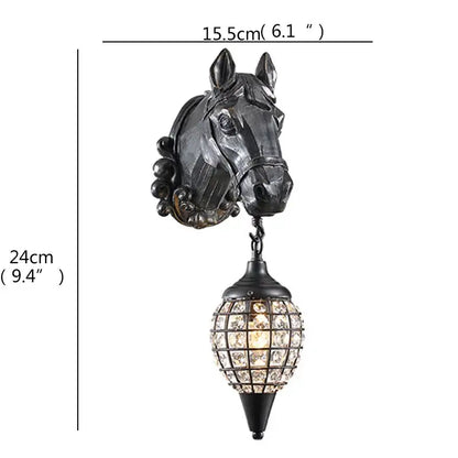 Black horse-head led wall light with crystal-encrusted pendant for home bedroom decor by DecorBites™