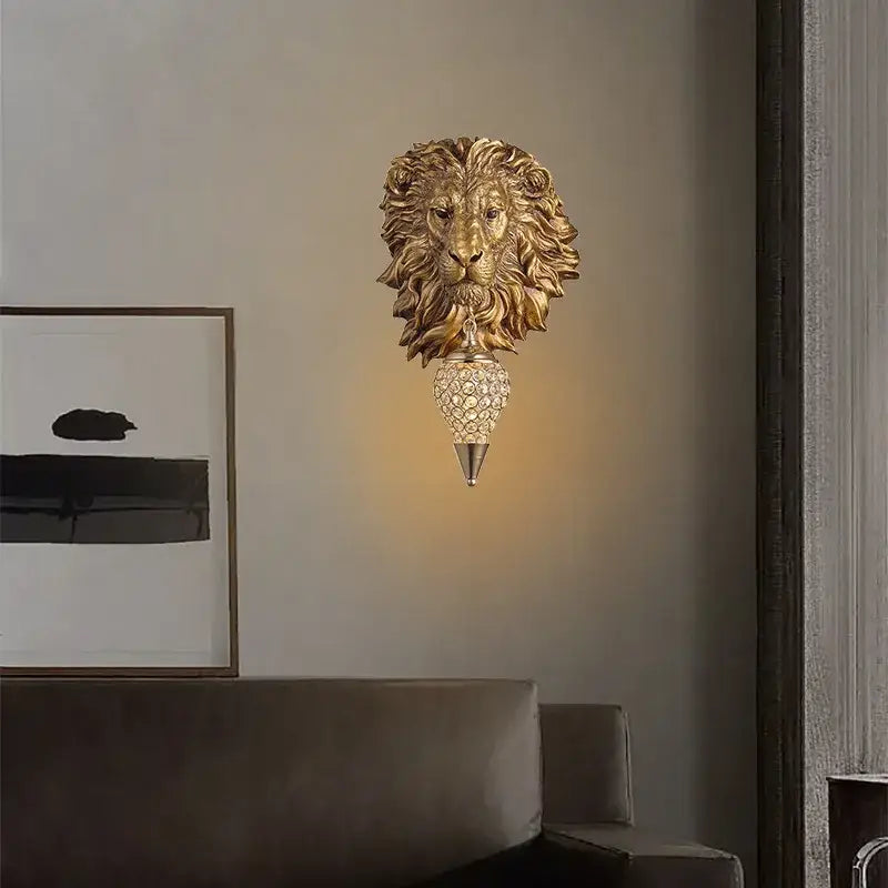 Golden lion-head led wall lights with crystal-encrusted conical shade for home bedroom decor by decorbites
